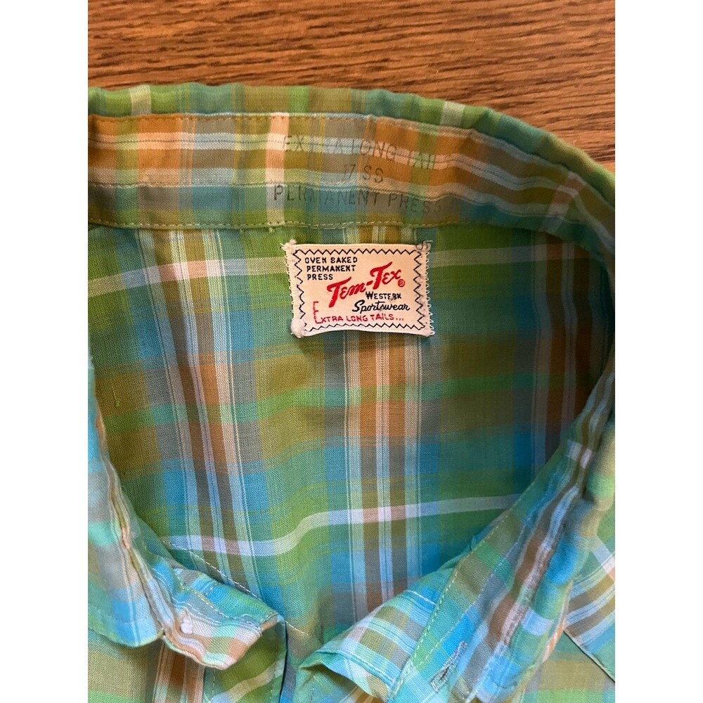 Vintage Men’s Team Tex Western Cut Short Sleeve Button Shirt XL Slim Green Plaid - Picture 9 of 9